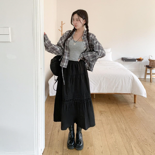 사리히 캉캉 티어드 밴딩 플레어 롱스커트
