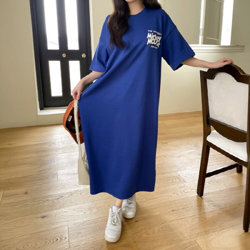 (디즈니정품) 머근리 미키마우스 프린팅 루즈핏 반팔 롱 원피스
