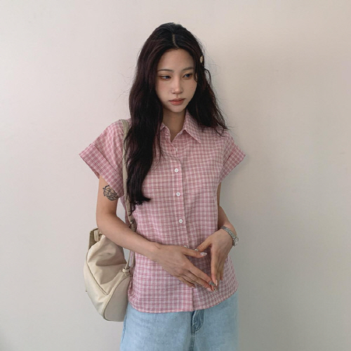 로누키 빈티지 체크 롤업 반팔 셔츠