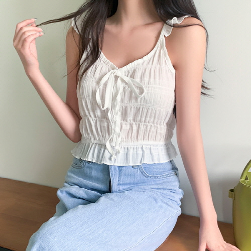 주레초 리본 셔링 밴딩 크롭 프릴 나시 블라우스