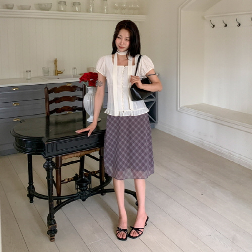 체드링 체크 쉬폰 플레어 미디 스커트