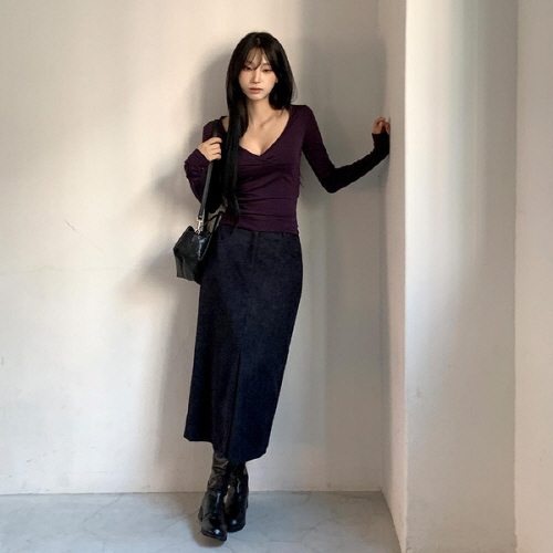수솔류 리오셀 스트레치 앞트임 H라인 롱 스커트